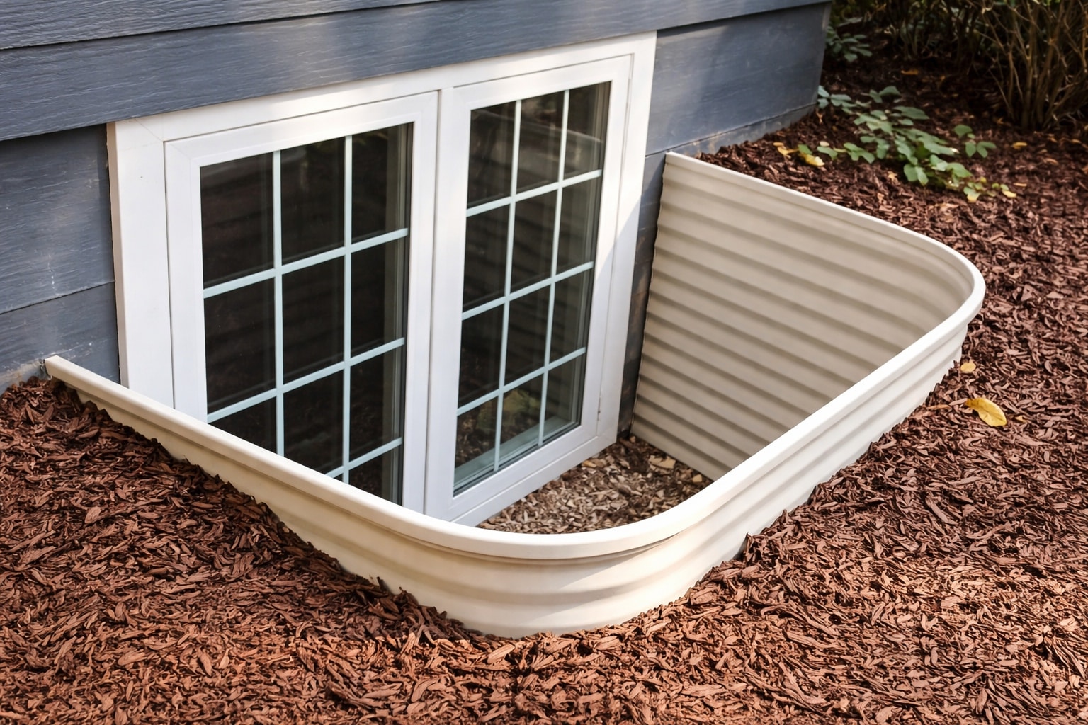 Cracked and rusted metal window well being inspected in Fort Collins, CO.